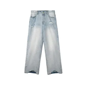 Light Blue Washed Destroyed Straight Leg Denim Trousers