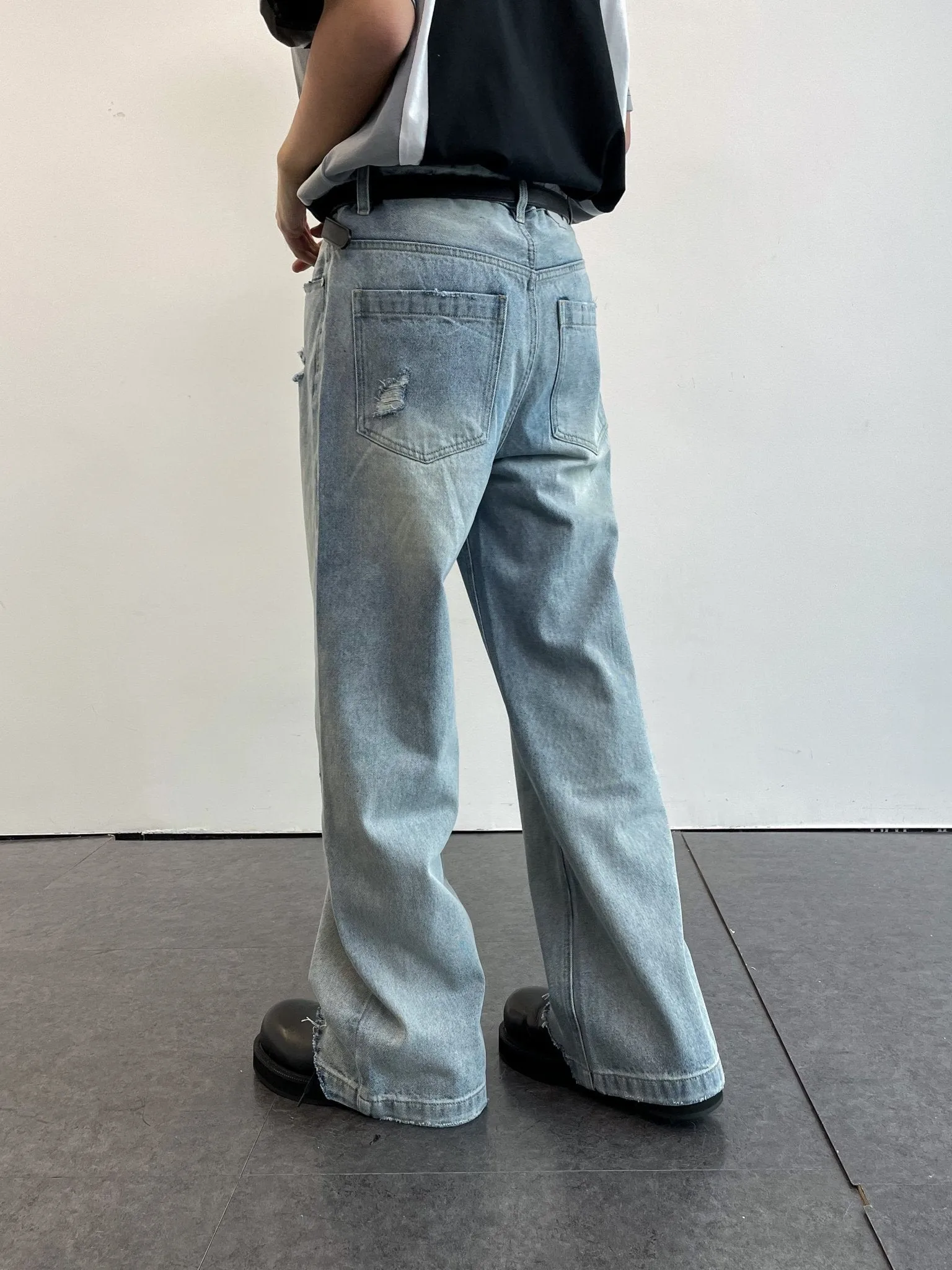 Light Blue Washed Destroyed Straight Leg Denim Trousers