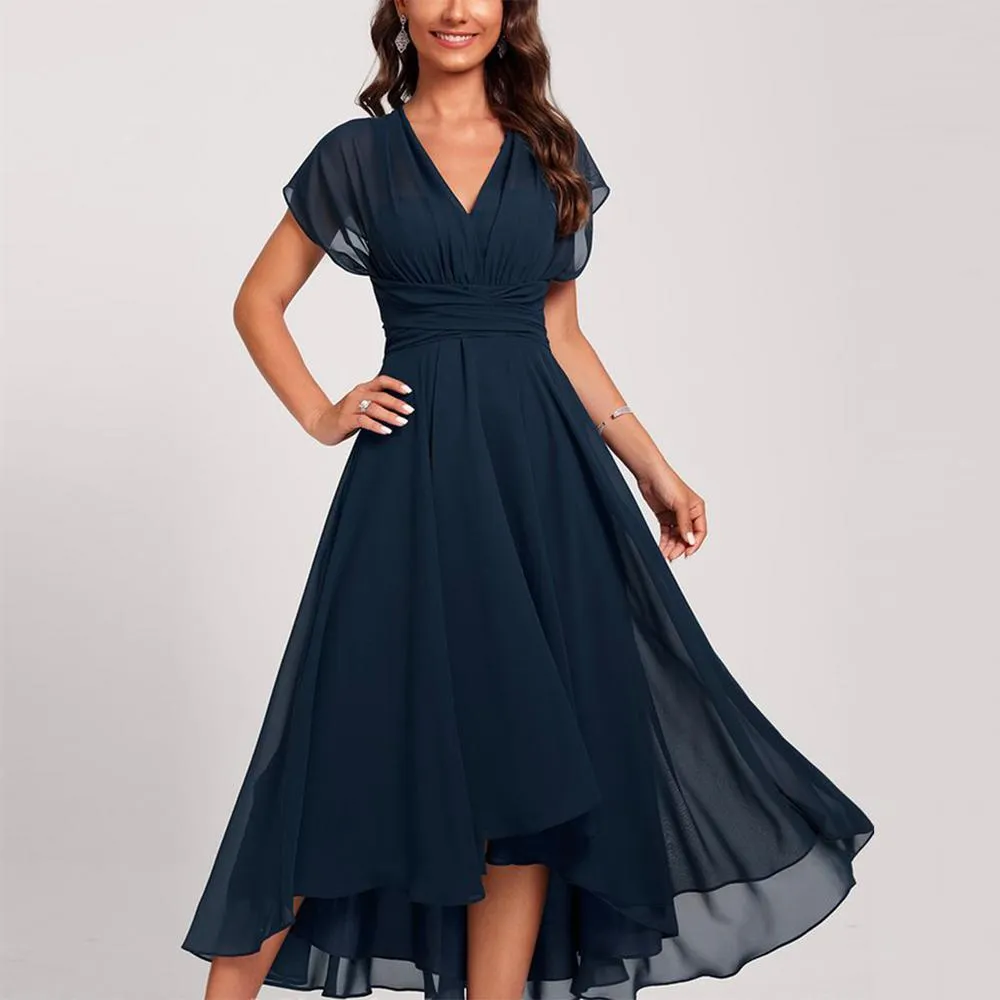 Manon - Short Sleeve Blue Midi Dress with Lace Waist