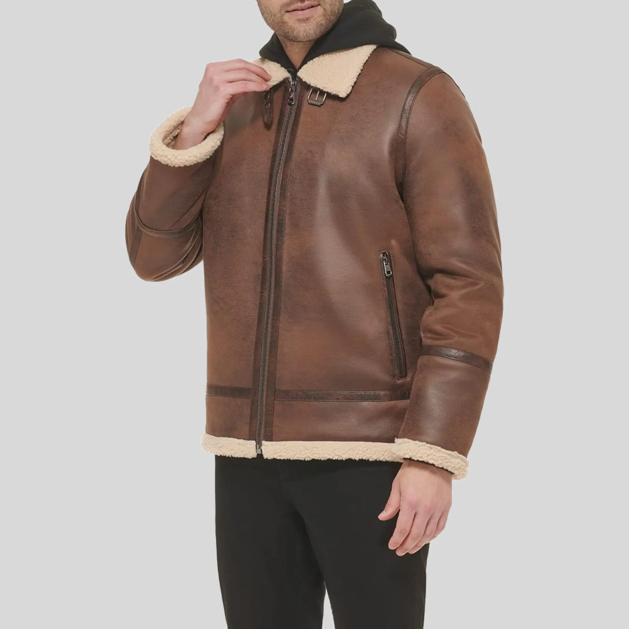 Men Real Leather Bomber Jacket With Shearling Lining