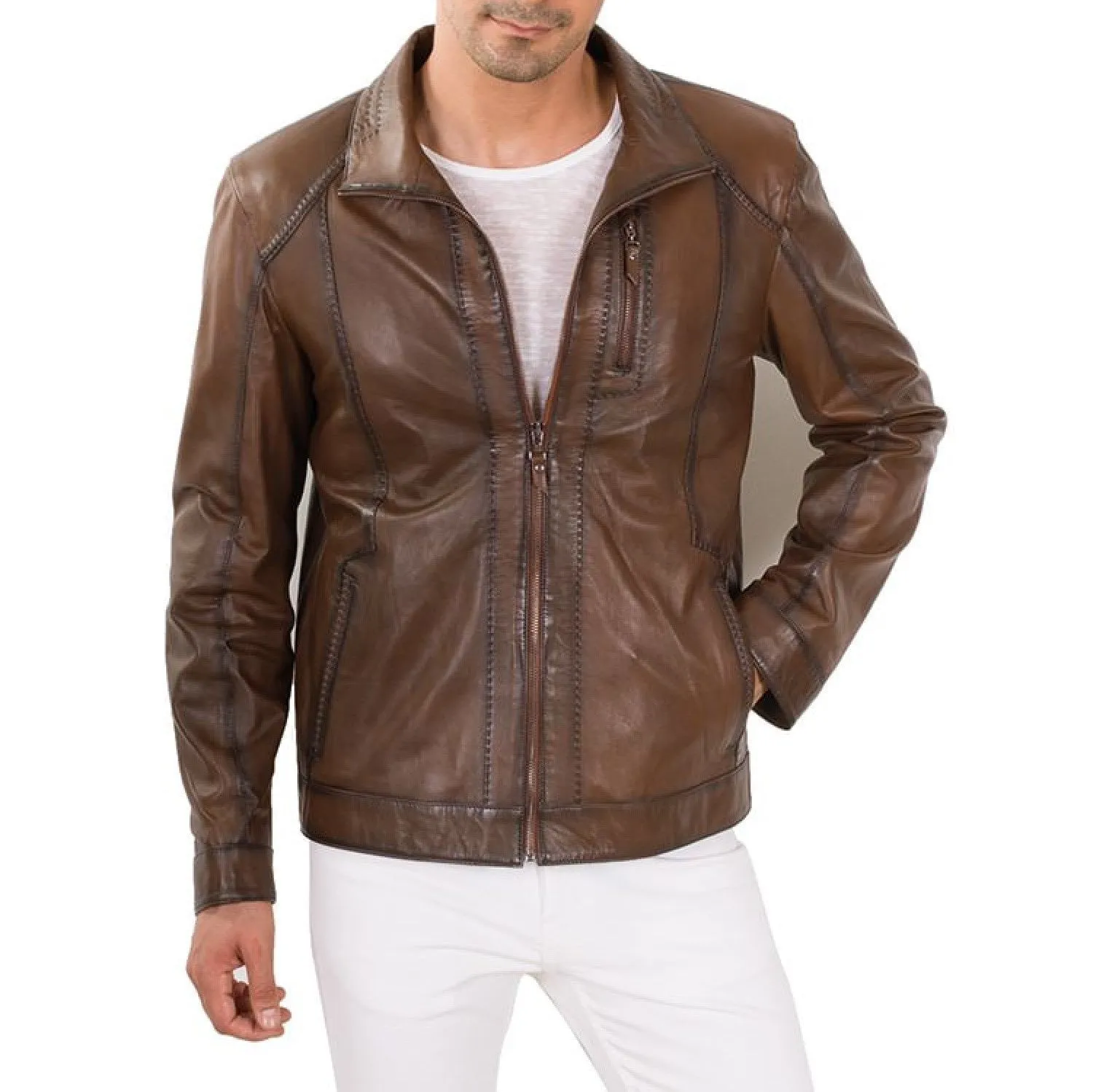 Mens Brown Leather Biker Jacket