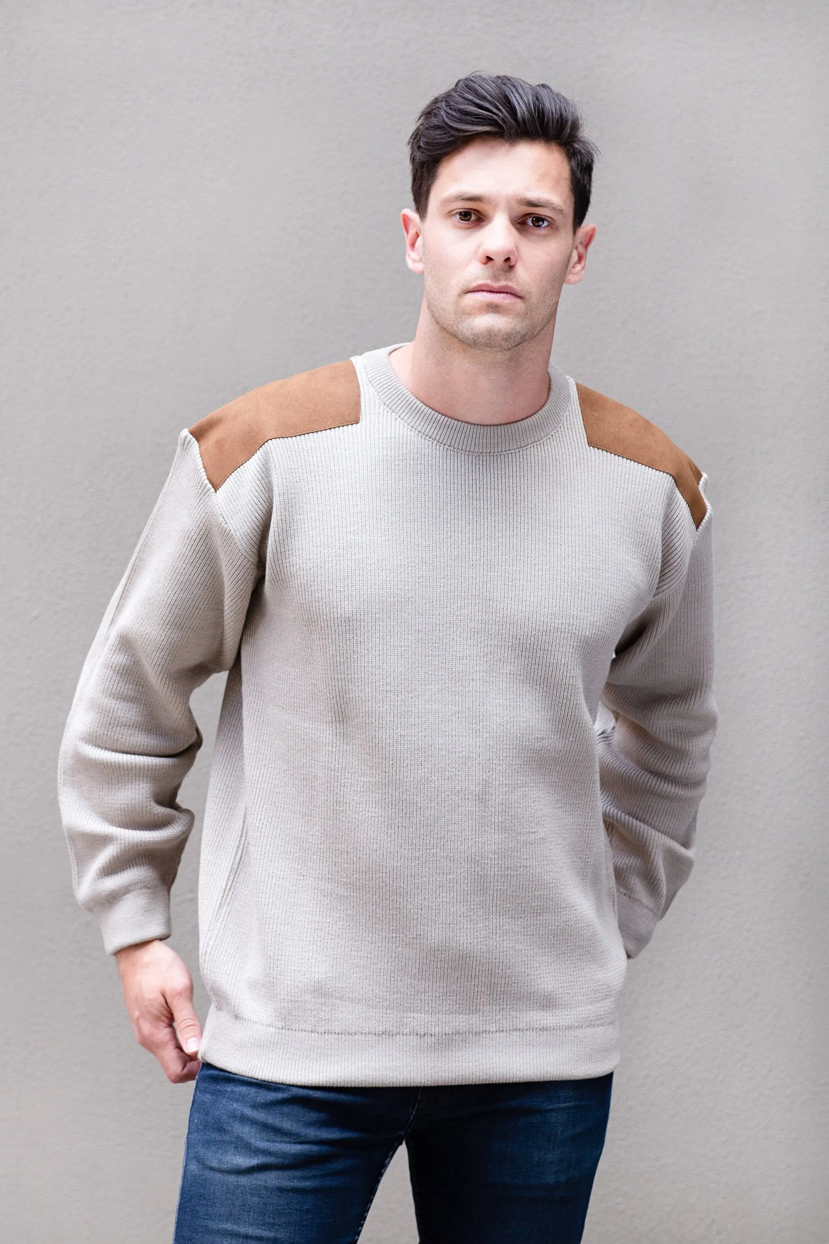 Men's Crew Neck With Suede Patches