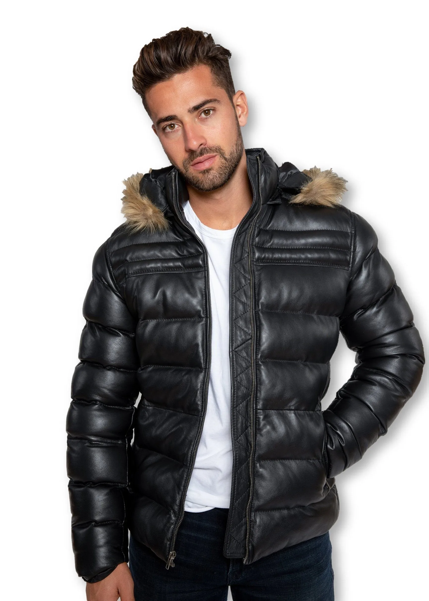 Men's Crimson Black Puffer Winter Down Leather Jacket with Fur