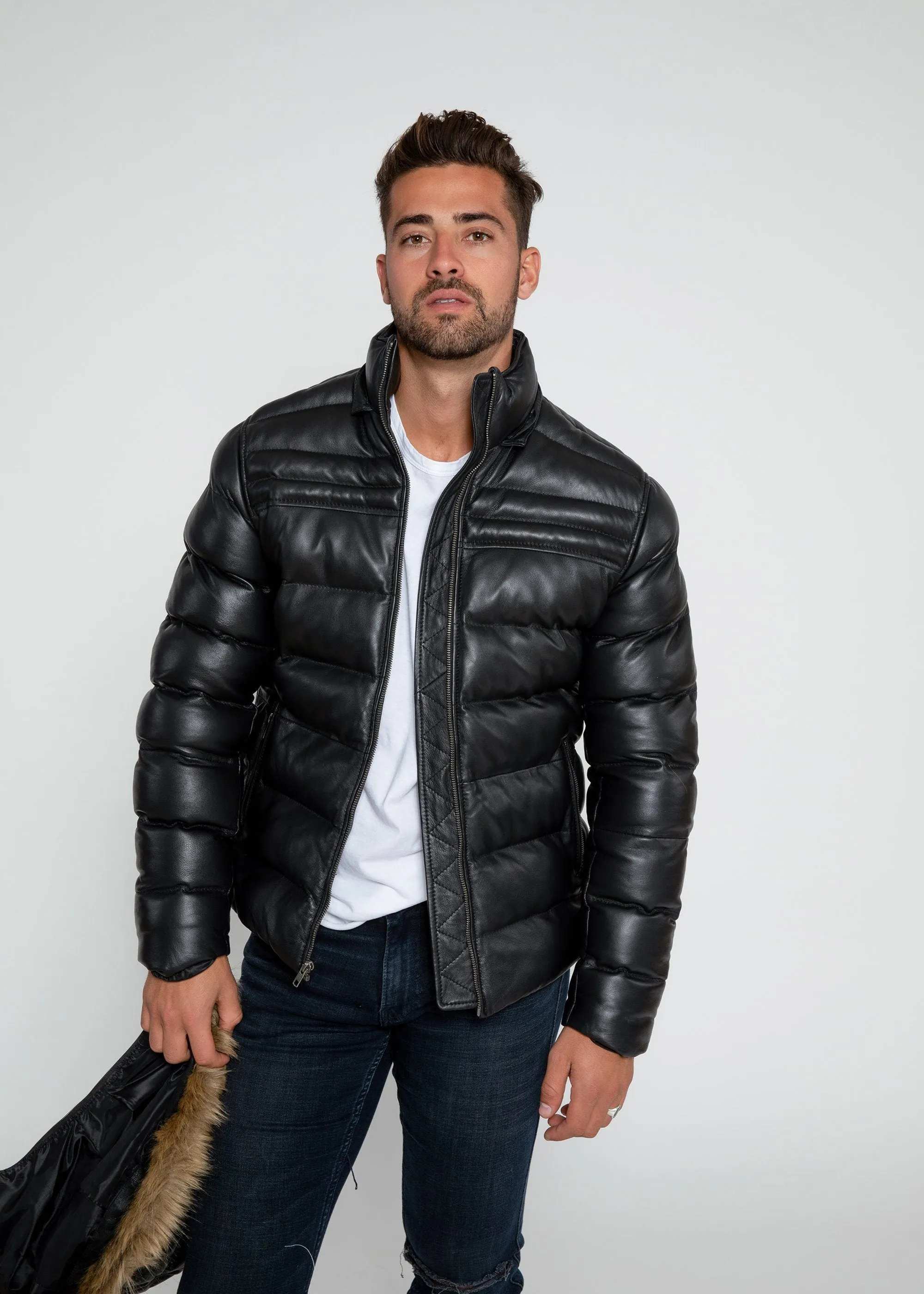 Men's Crimson Black Puffer Winter Down Leather Jacket with Fur