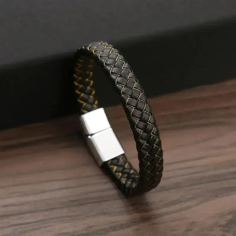 Men's Gold-Plated Leather Bracelet with Magnetic Clasp