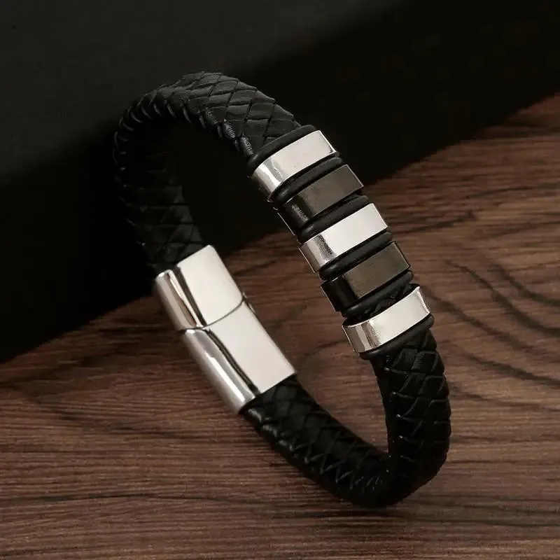 Men's Gold-Plated Leather Bracelet with Magnetic Clasp