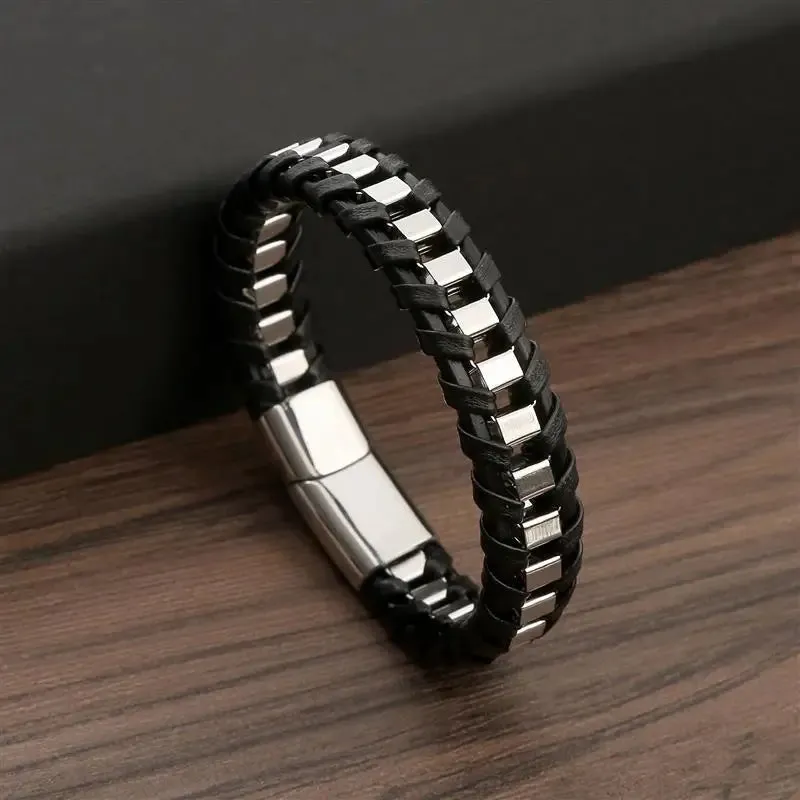 Men's Gold-Plated Leather Bracelet with Magnetic Clasp