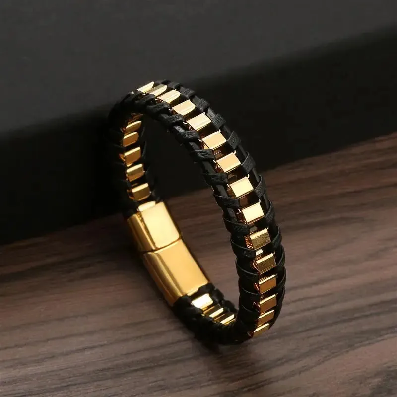 Men's Gold-Plated Leather Bracelet with Magnetic Clasp