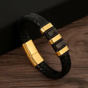 Men's Gold-Plated Leather Bracelet with Magnetic Clasp