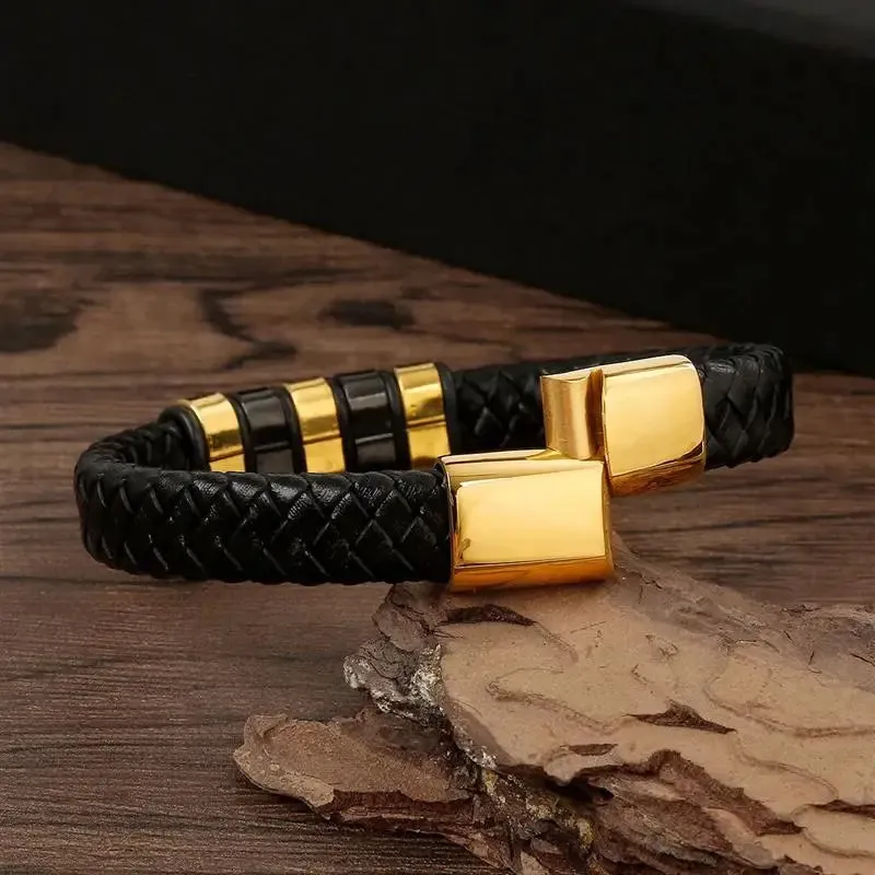 Men's Gold-Plated Leather Bracelet with Magnetic Clasp