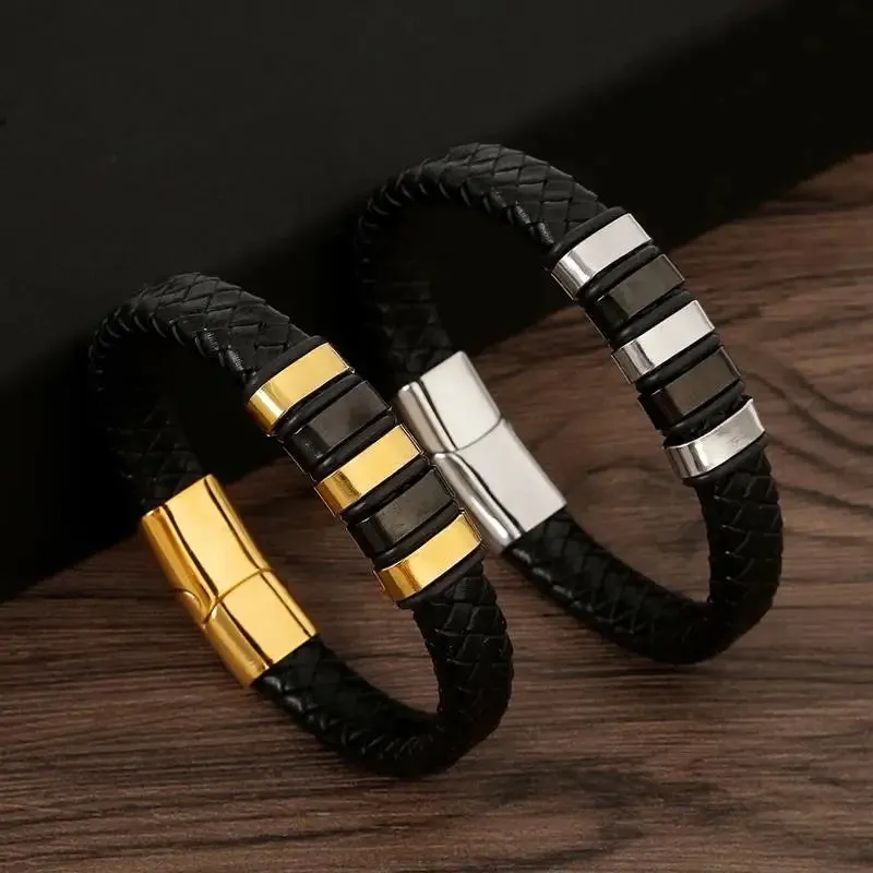 Men's Gold-Plated Leather Bracelet with Magnetic Clasp