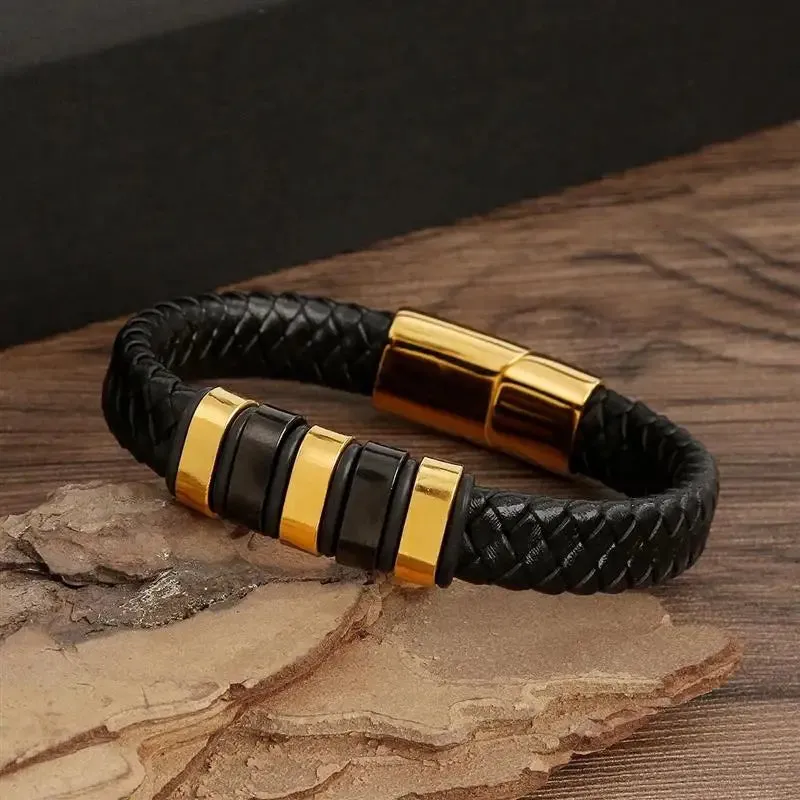 Men's Gold-Plated Leather Bracelet with Magnetic Clasp