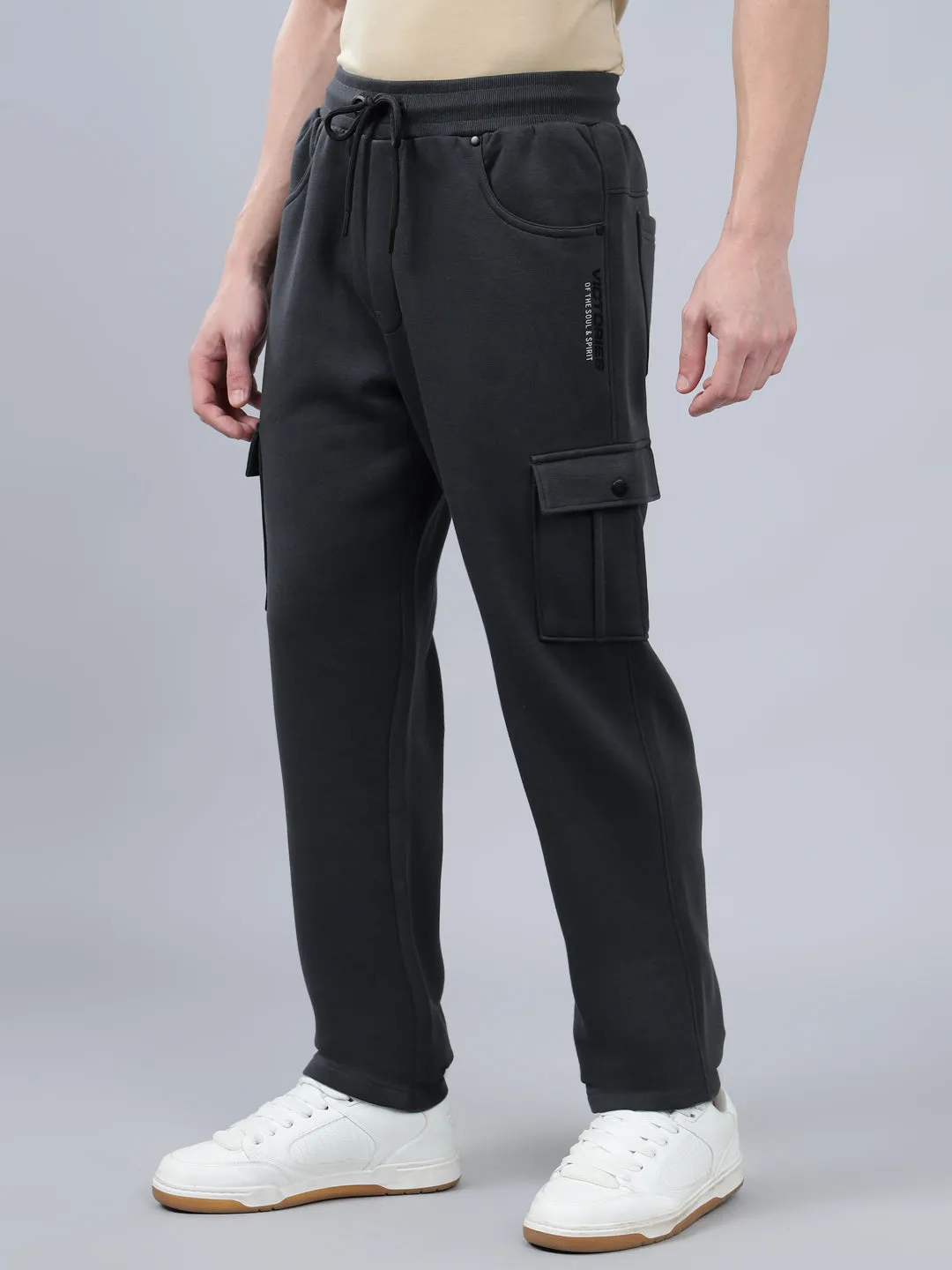 Men's Grey Solid Full Length Winter Cargo Pant