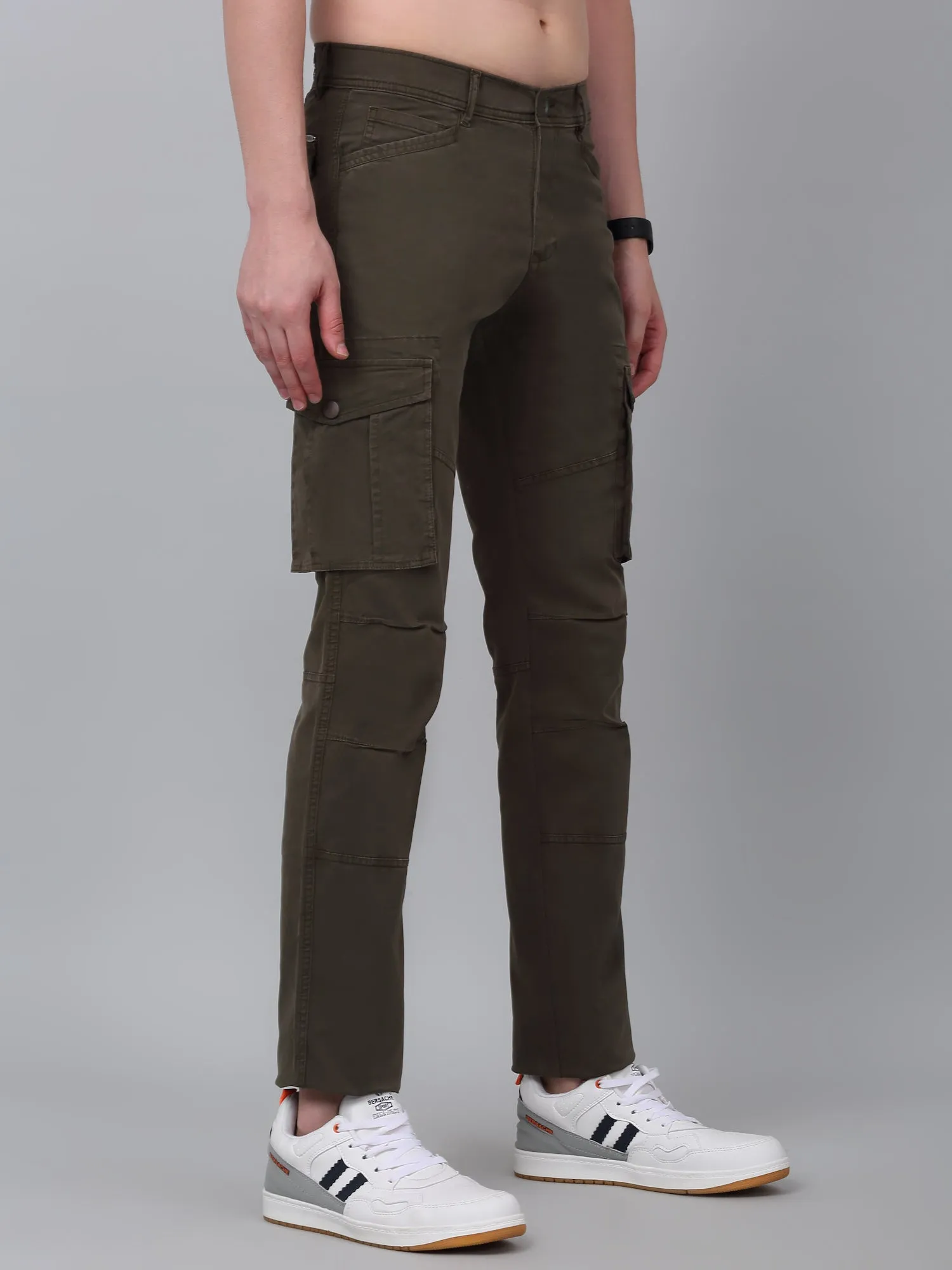 Men's Olive Green Solid Full Length Stretchable Cargo