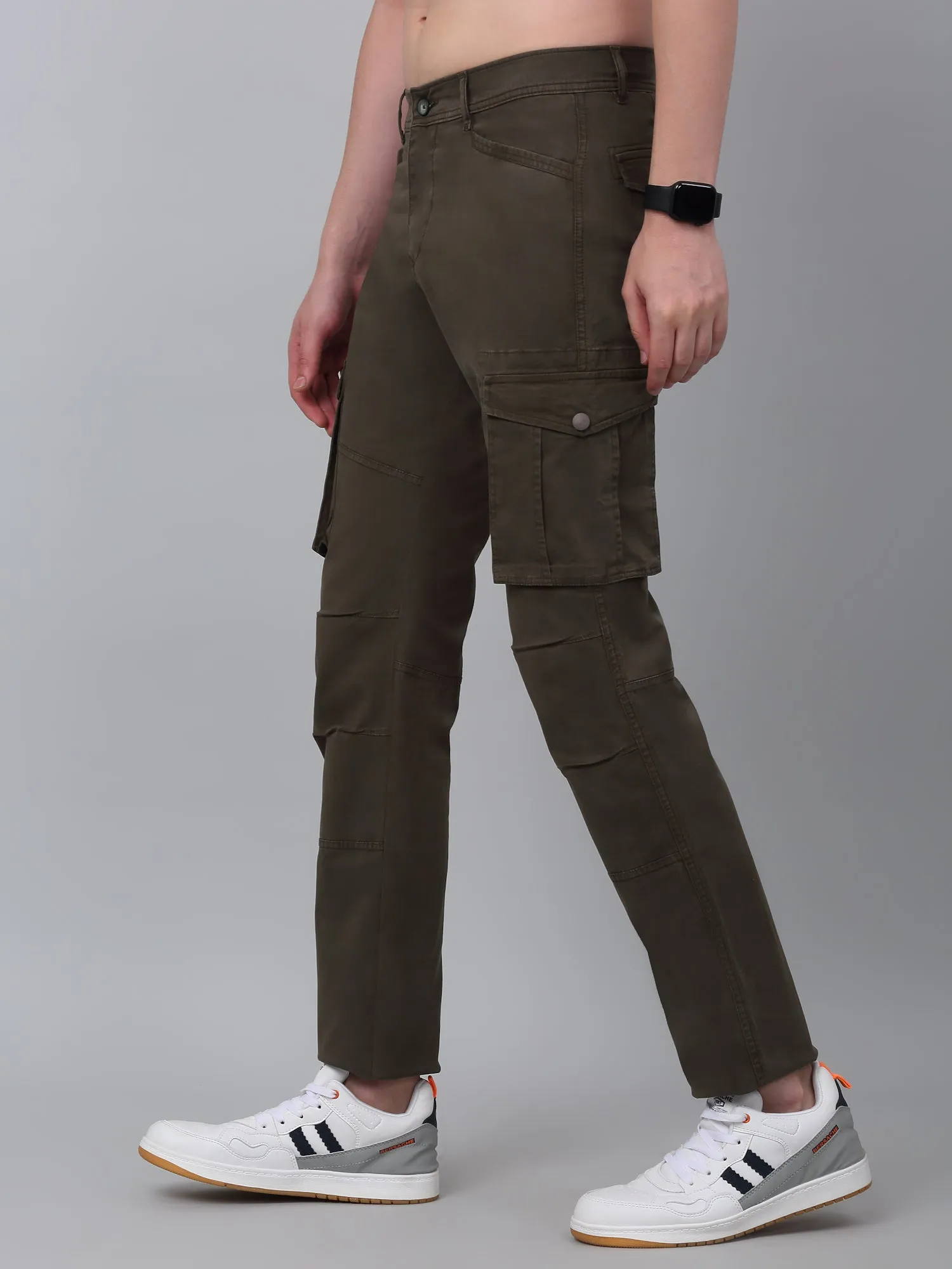 Men's Olive Green Solid Full Length Stretchable Cargo