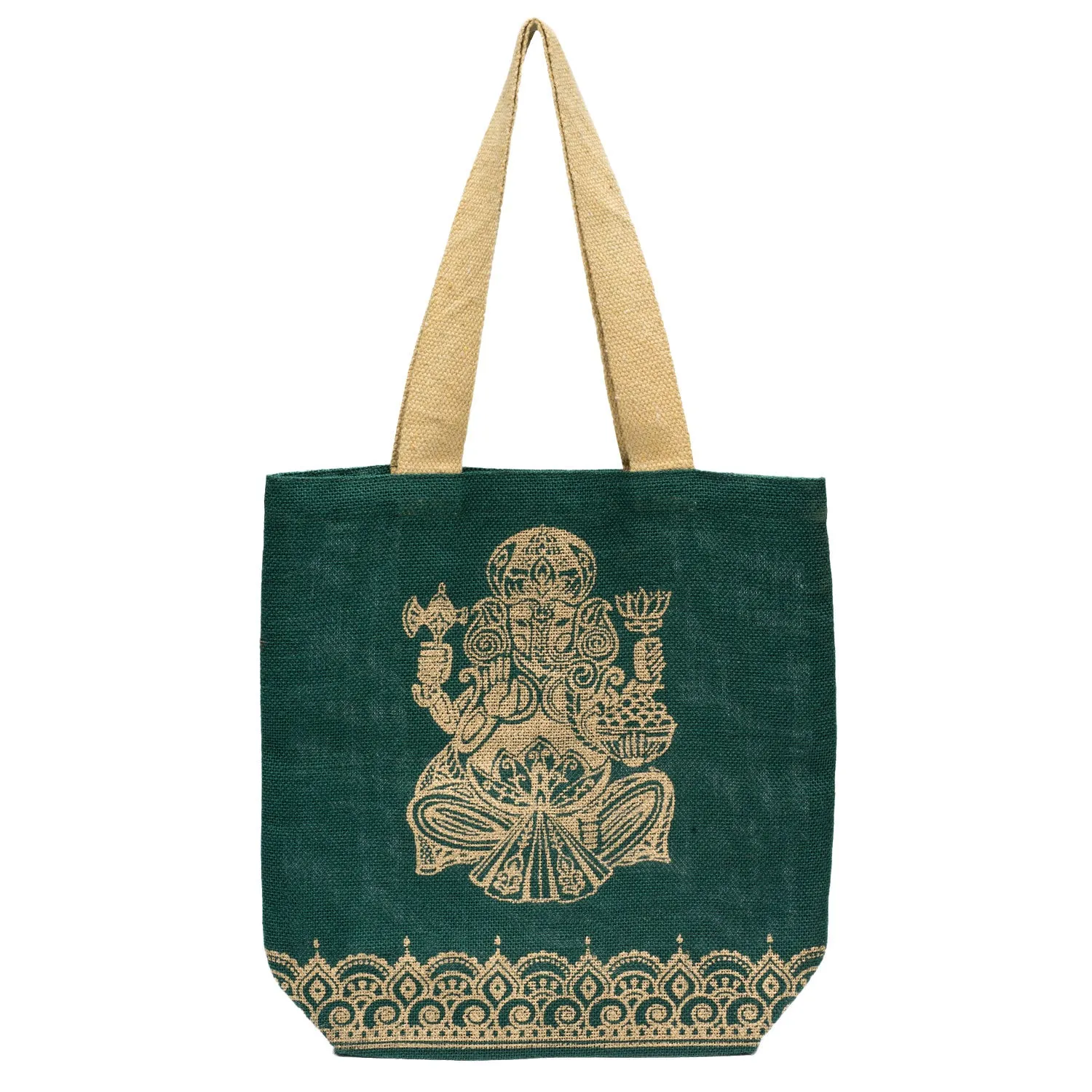 Metallic Ganesha Jute Tote Forest Green