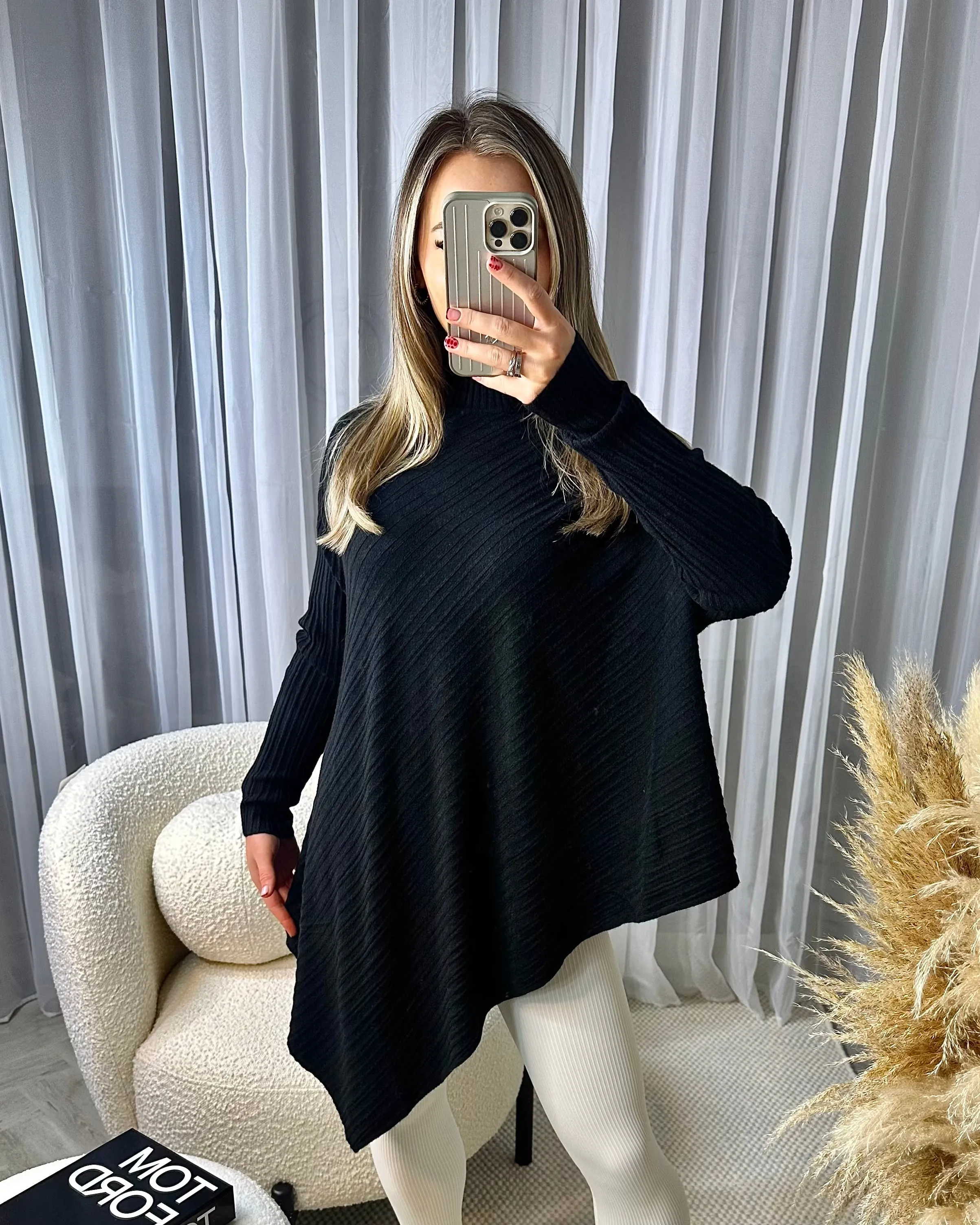 Micha High Neck Ribbed Asymmetric Long Sleeve Jumper - Black