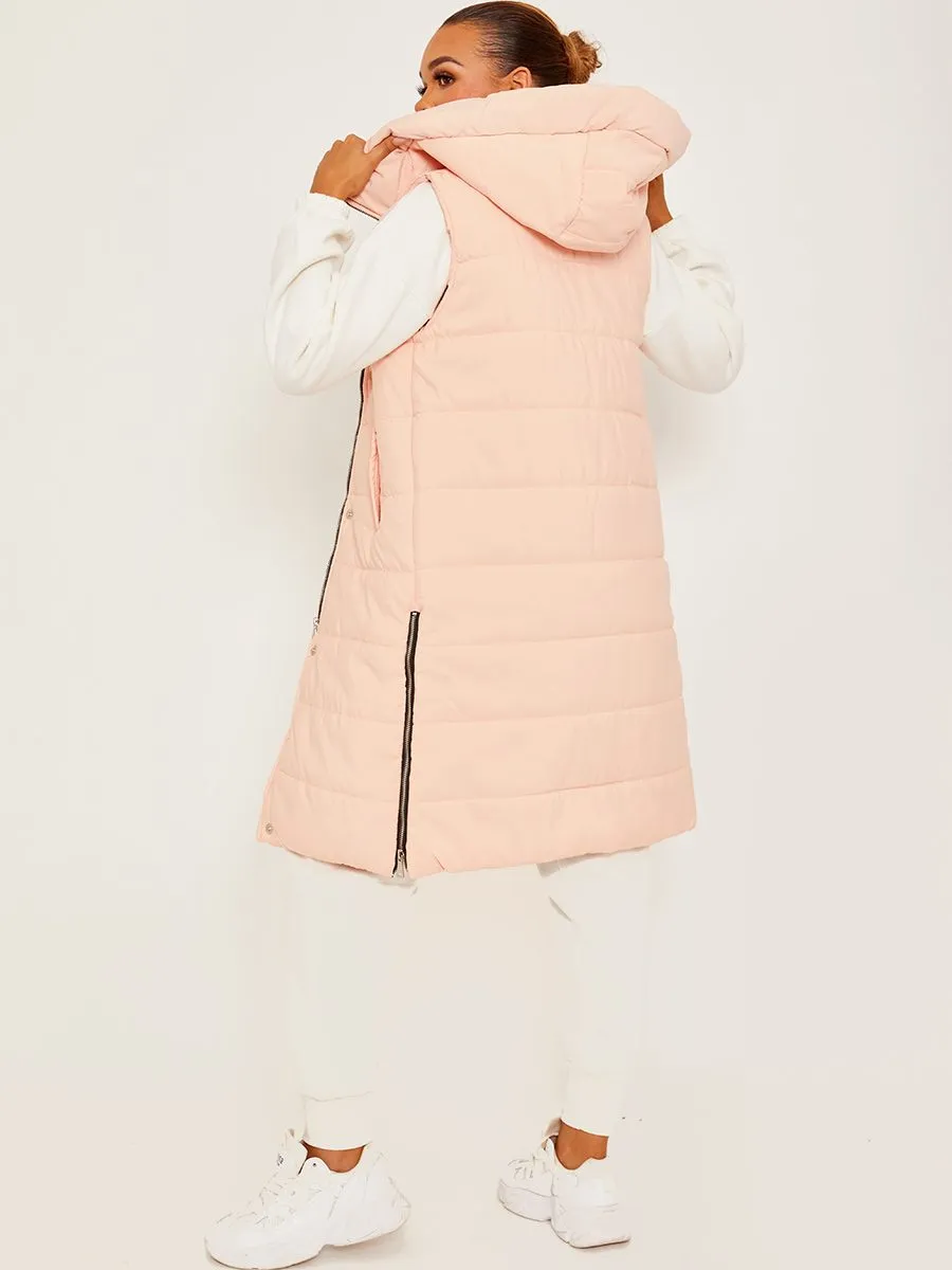 Michele Longline Hooded Puffer Gilet In Peach