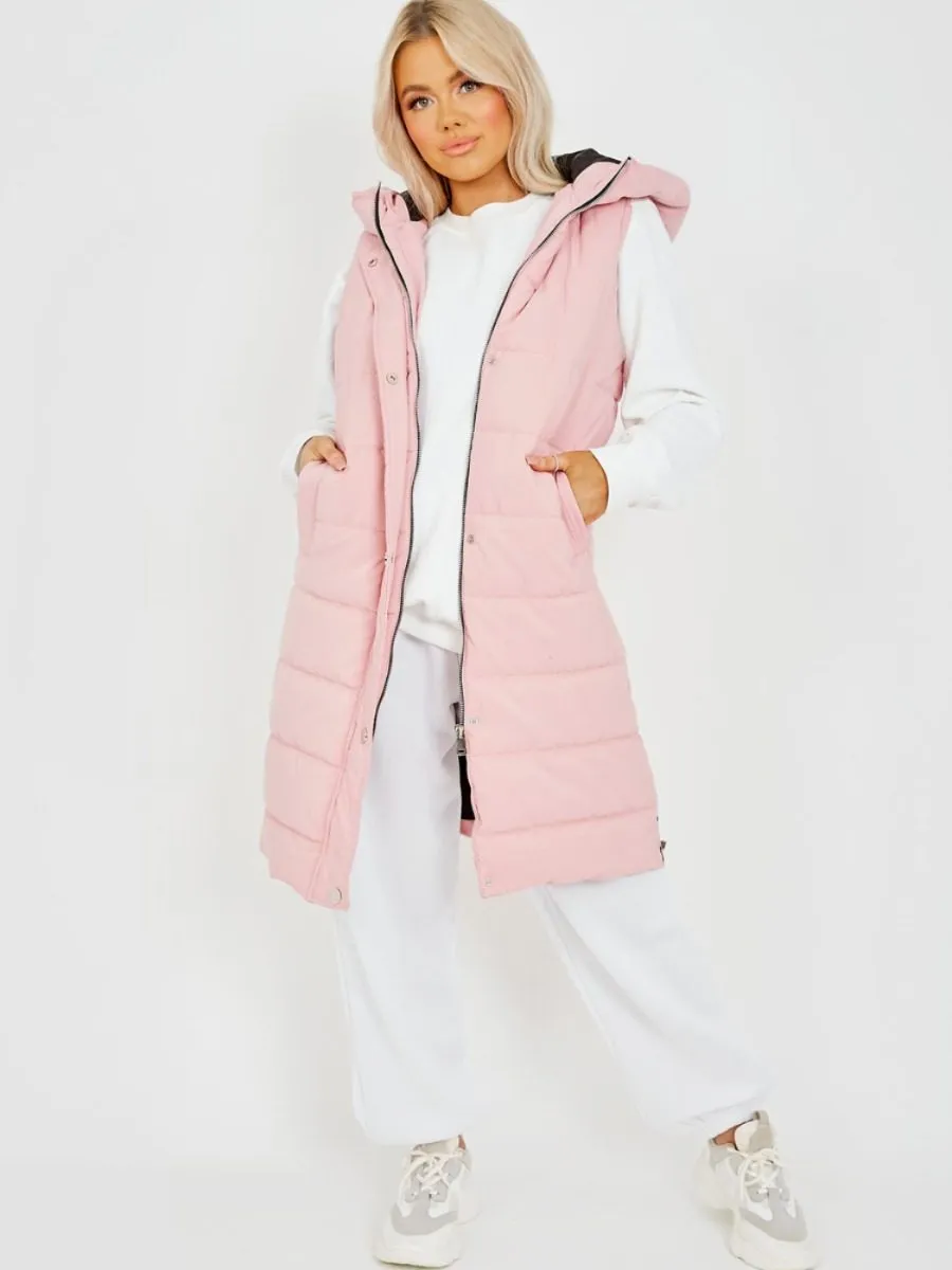 Michele Longline Hooded Puffer Gilet In Pink