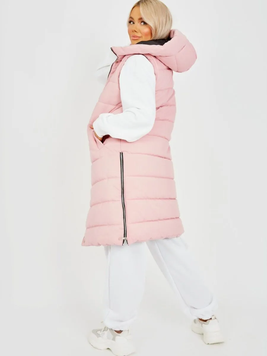 Michele Longline Hooded Puffer Gilet In Pink