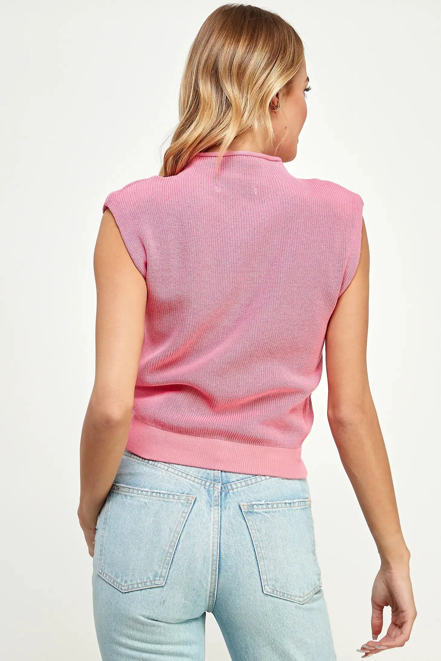 Mock Neck Power Shoulder Top Bubble Pink