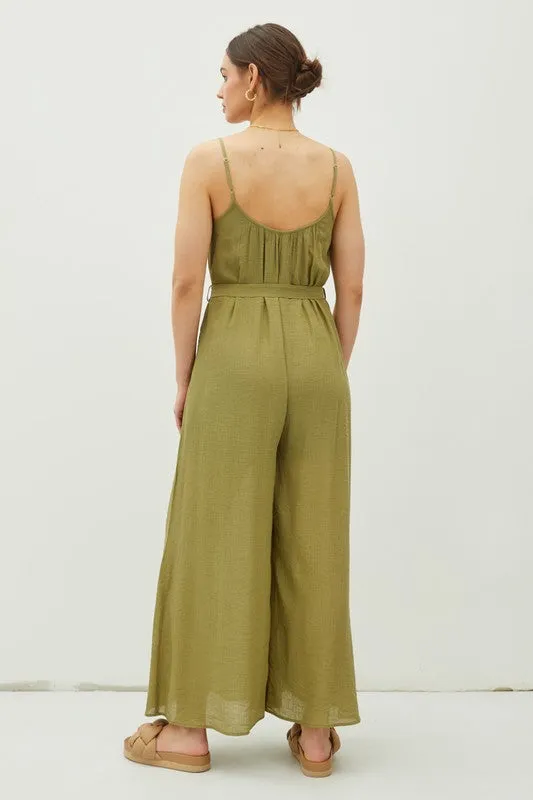 Moss Lightweight Tie Belt Wide Leg Cami Jumpsuit