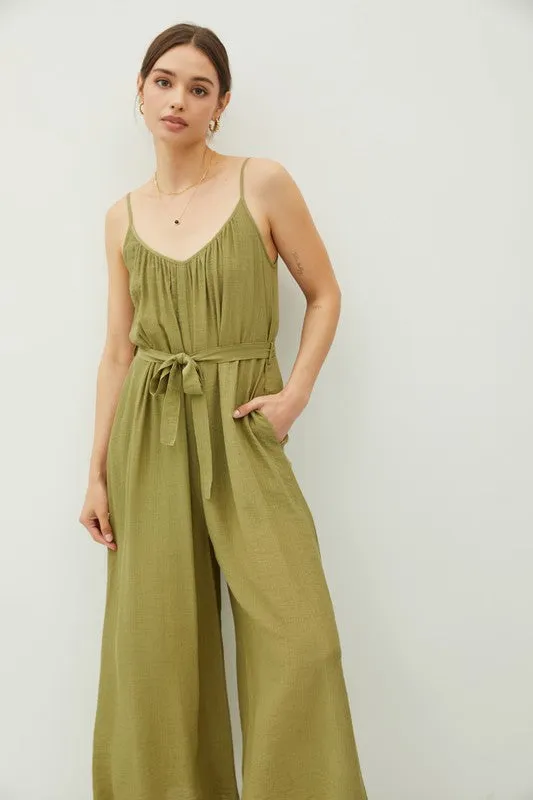 Moss Lightweight Tie Belt Wide Leg Cami Jumpsuit