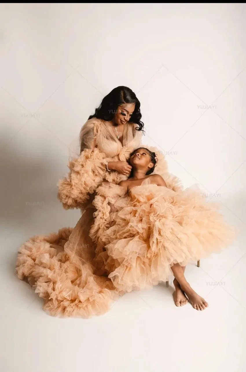 Mummy and Daughter Fluffy Tulle Gown - Maternity Photoshoot Robe, Princess Tutu Dress for Birthday & Prom