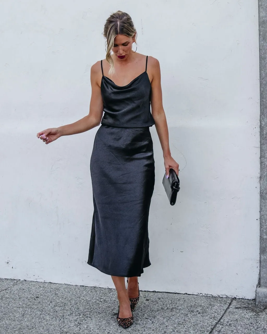 Muse By Magnolia Black Satin Midi Skirt - FINAL SALE