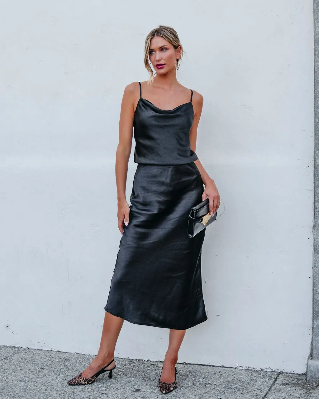 Muse By Magnolia Black Satin Midi Skirt - FINAL SALE