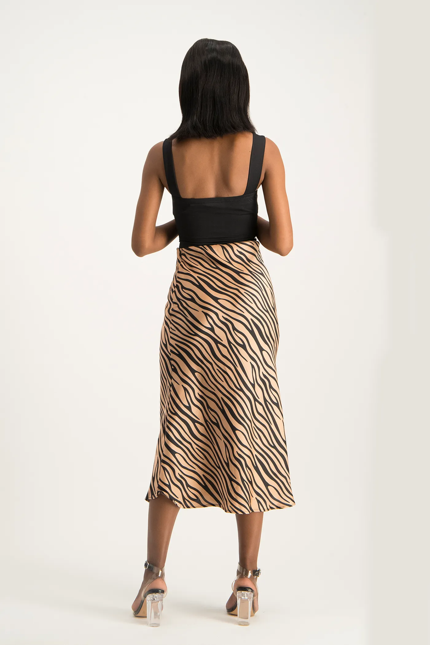 Natalie Satin Midi Skirt - Nude Animal Print