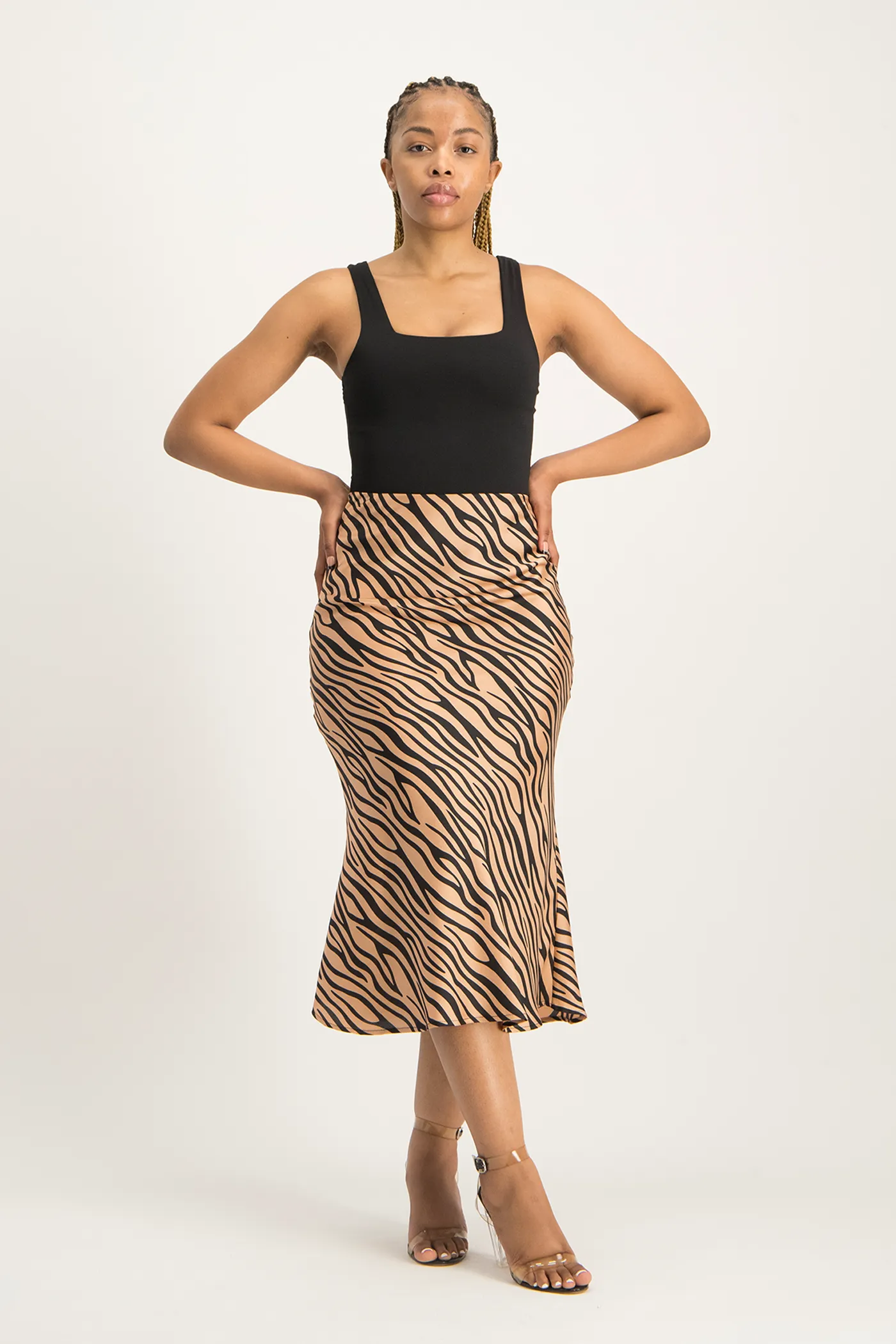 Natalie Satin Midi Skirt - Nude Animal Print