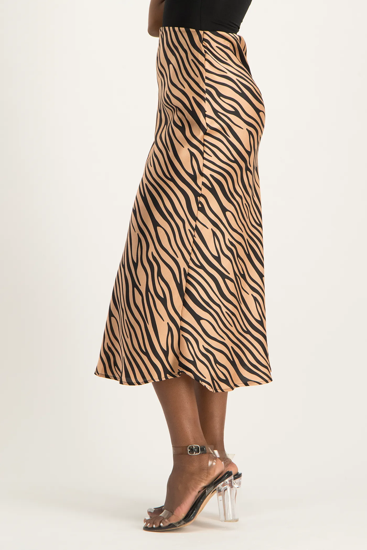 Natalie Satin Midi Skirt - Nude Animal Print