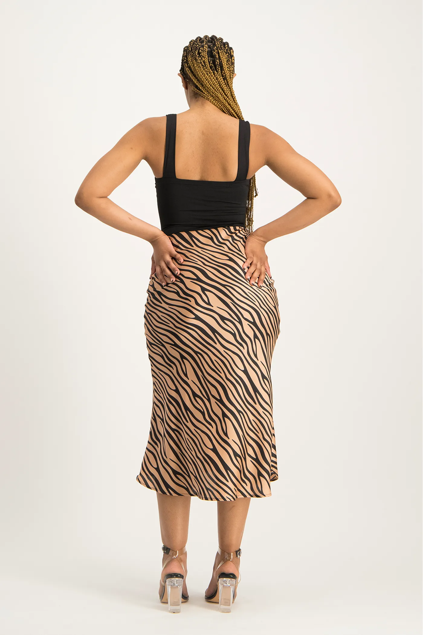 Natalie Satin Midi Skirt - Nude Animal Print