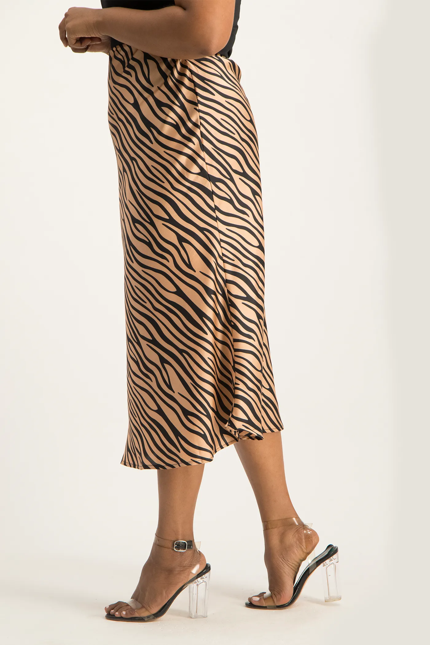 Natalie Satin Midi Skirt - Nude Animal Print