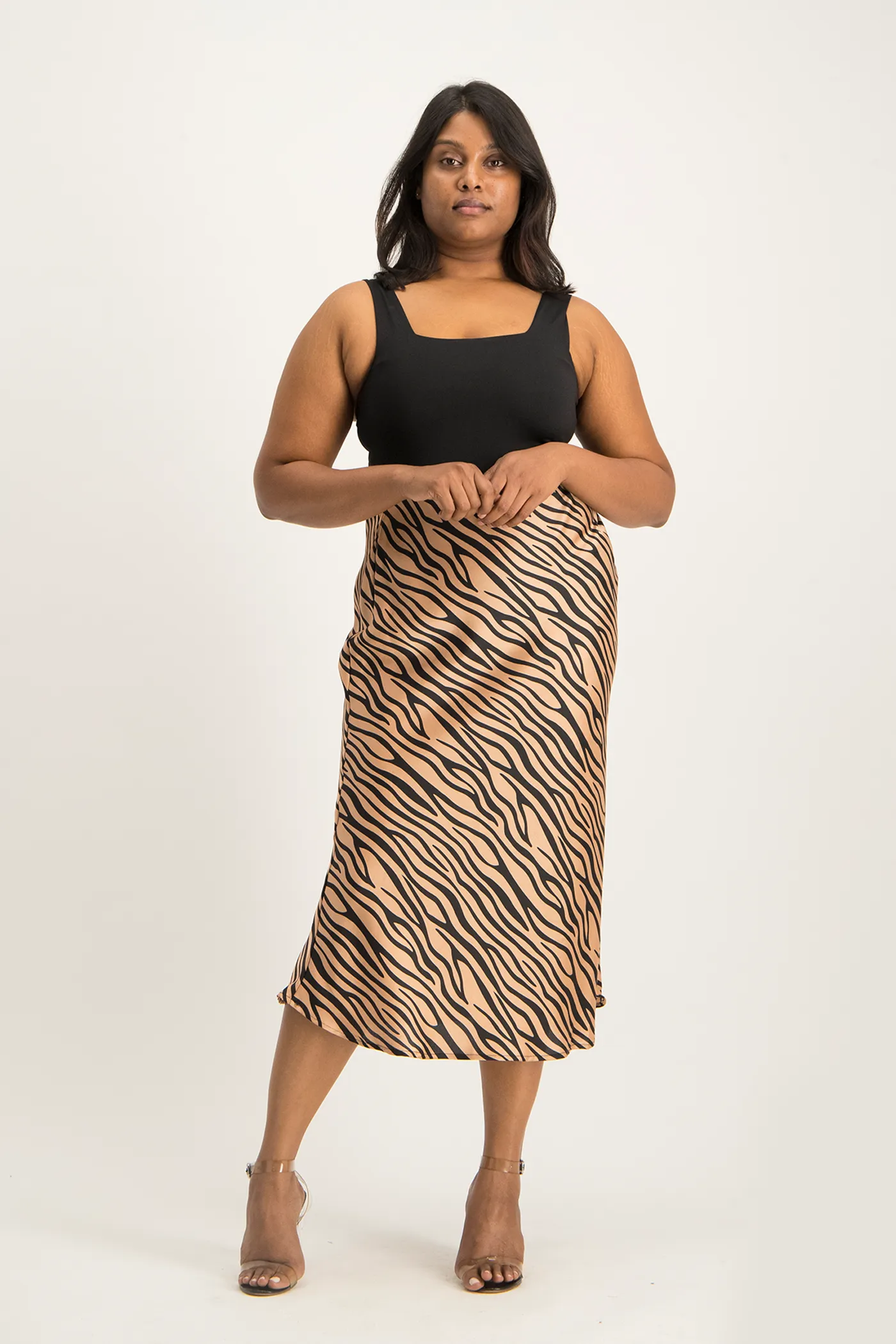 Natalie Satin Midi Skirt - Nude Animal Print