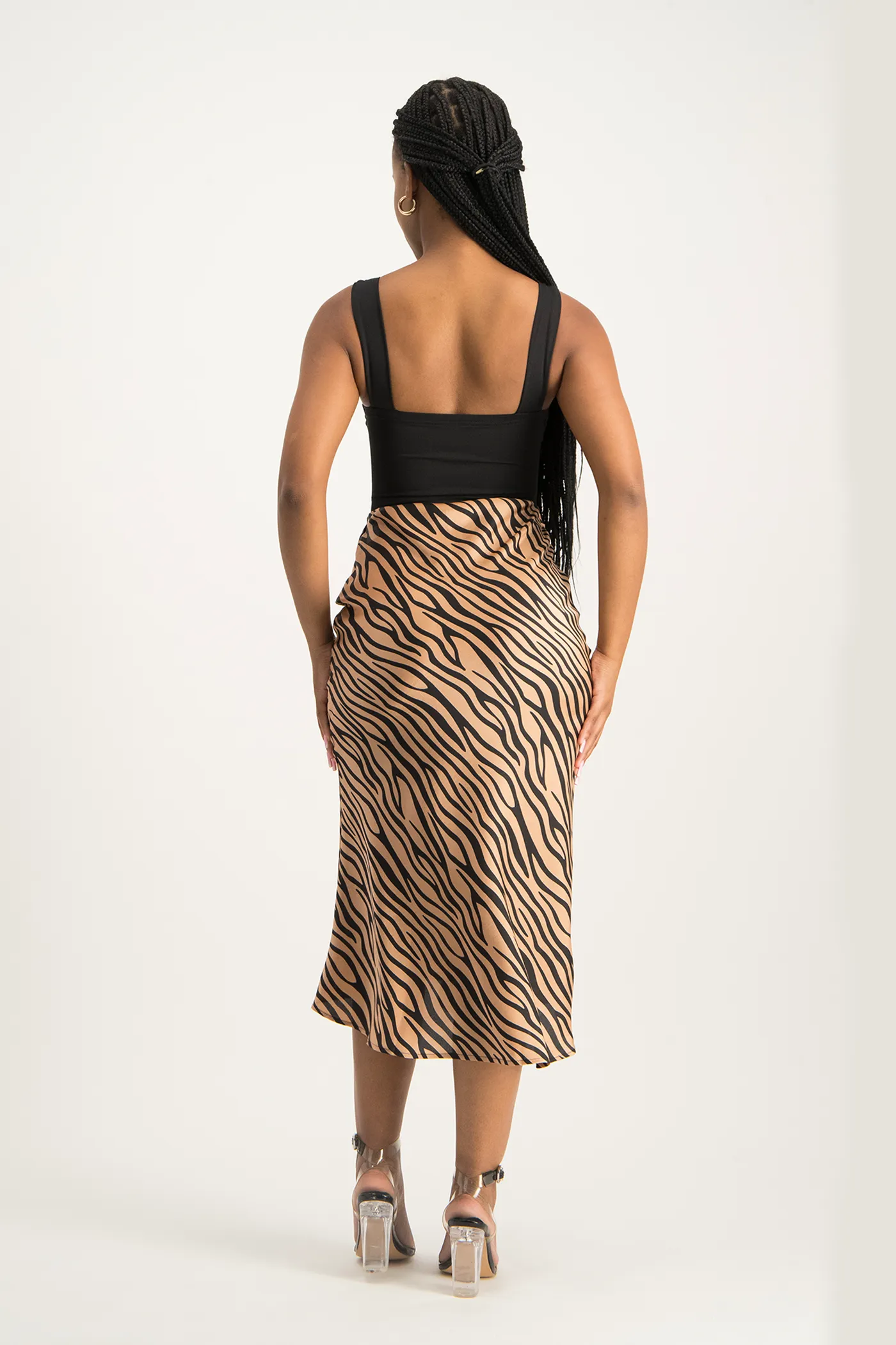 Natalie Satin Midi Skirt - Nude Animal Print