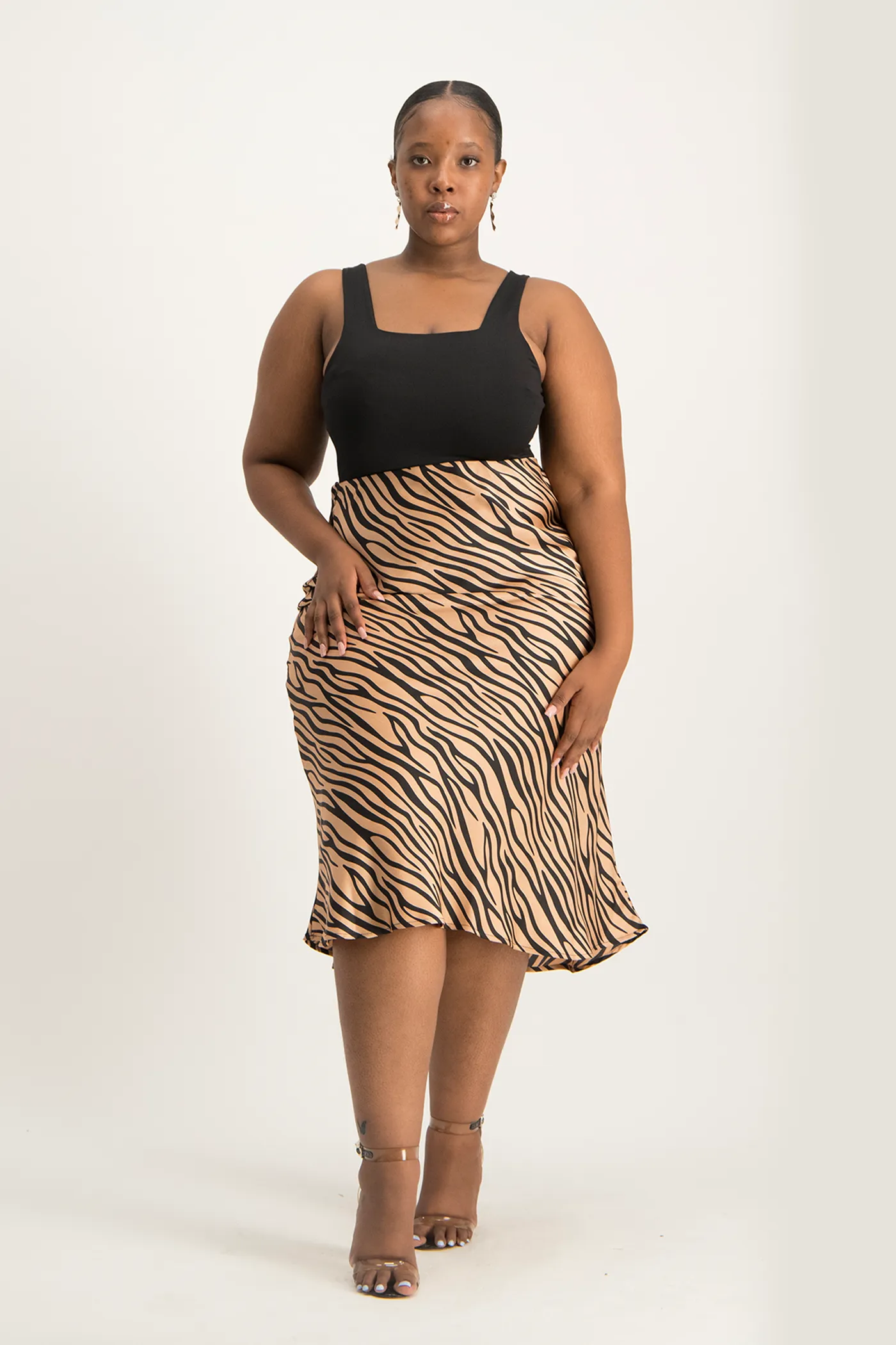 Natalie Satin Midi Skirt - Nude Animal Print