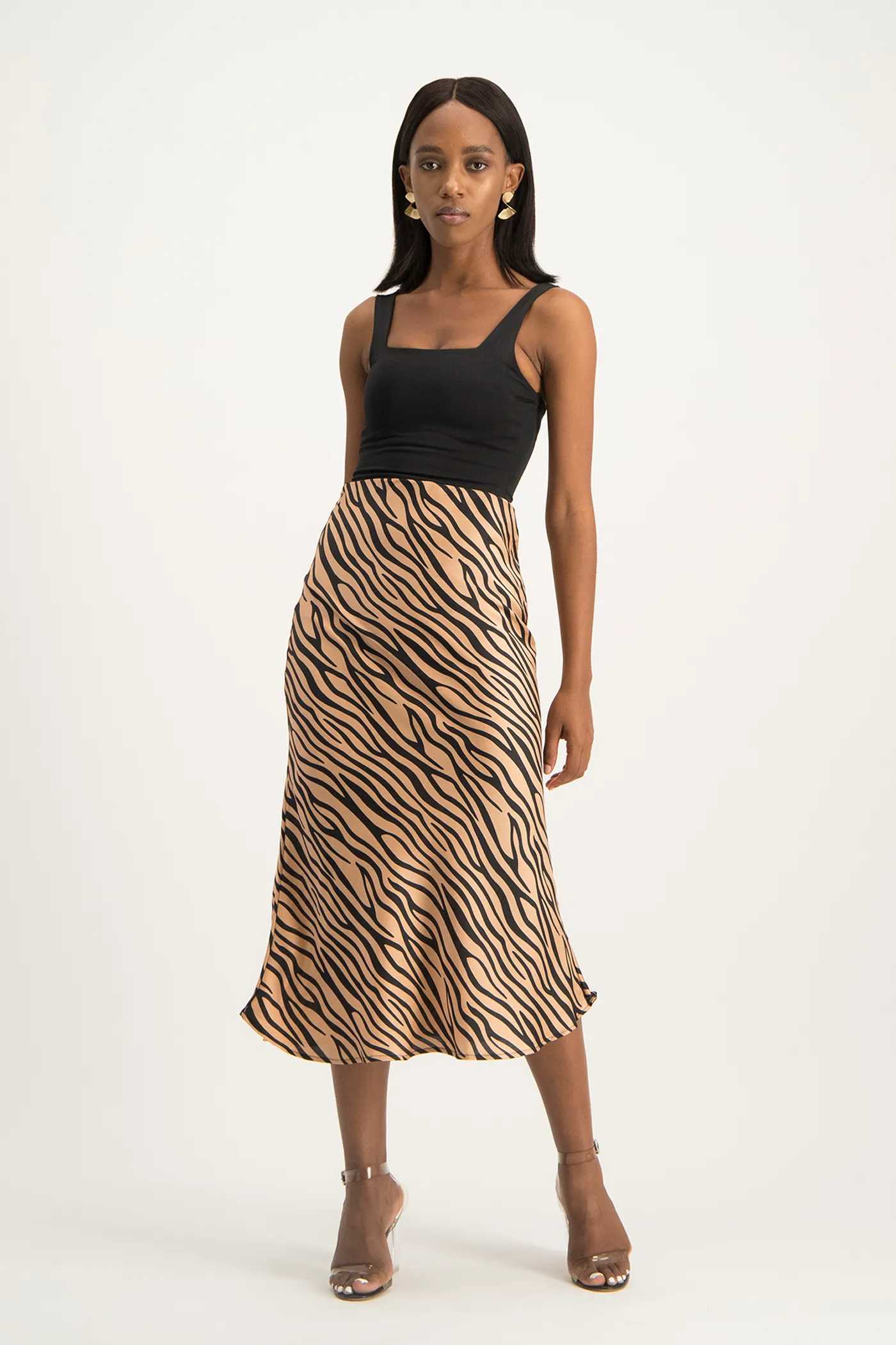 Natalie Satin Midi Skirt - Nude Animal Print