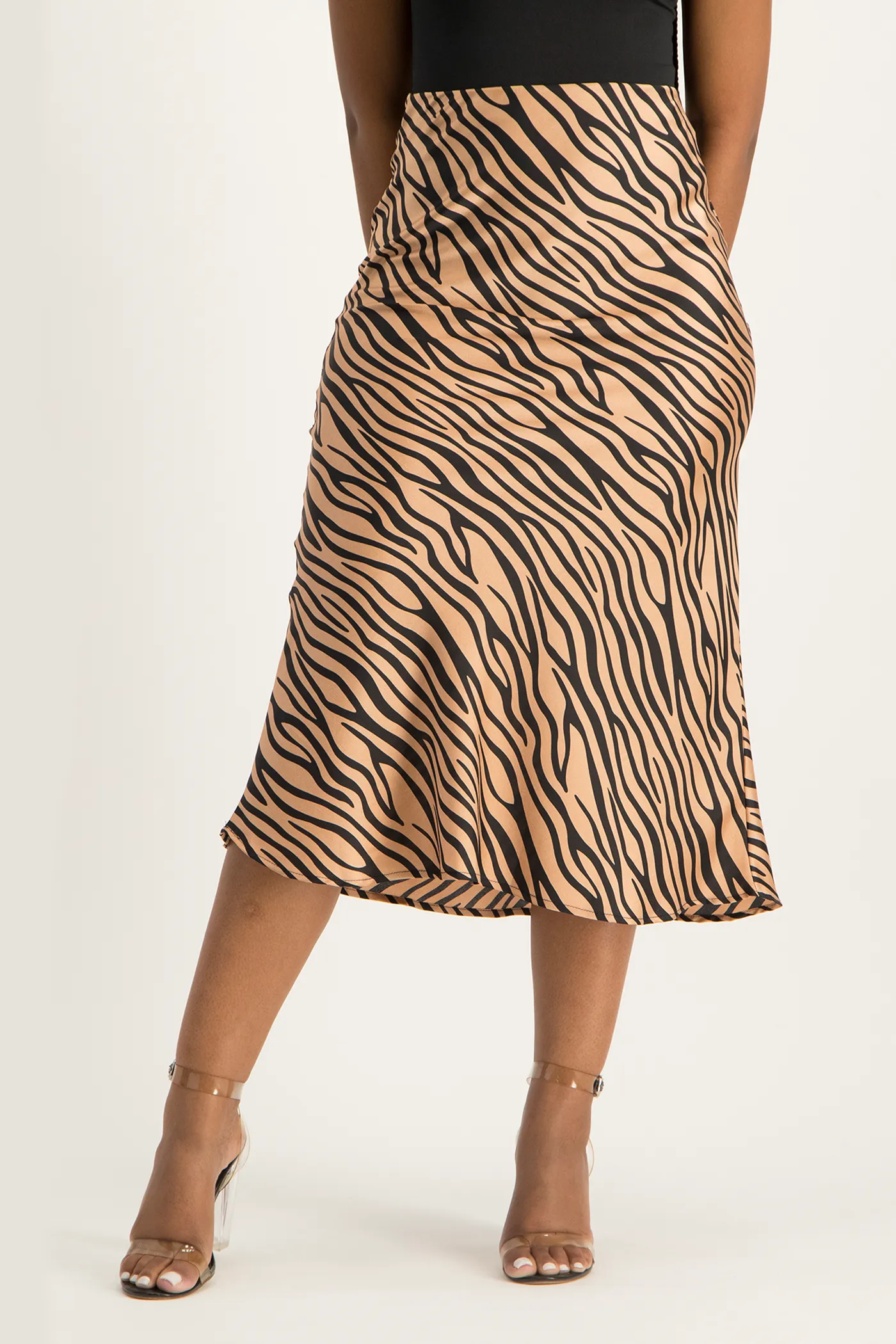 Natalie Satin Midi Skirt - Nude Animal Print