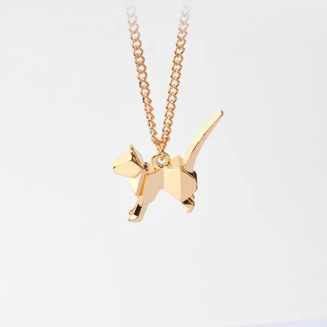 Origami Cat Kitty Pendant Necklace Suspend Creative Minimalist Animal Childlike Rose Gold Silver Black Pensonality Jewelry