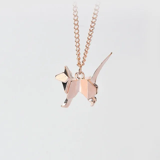 Origami Cat Kitty Pendant Necklace Suspend Creative Minimalist Animal Childlike Rose Gold Silver Black Pensonality Jewelry