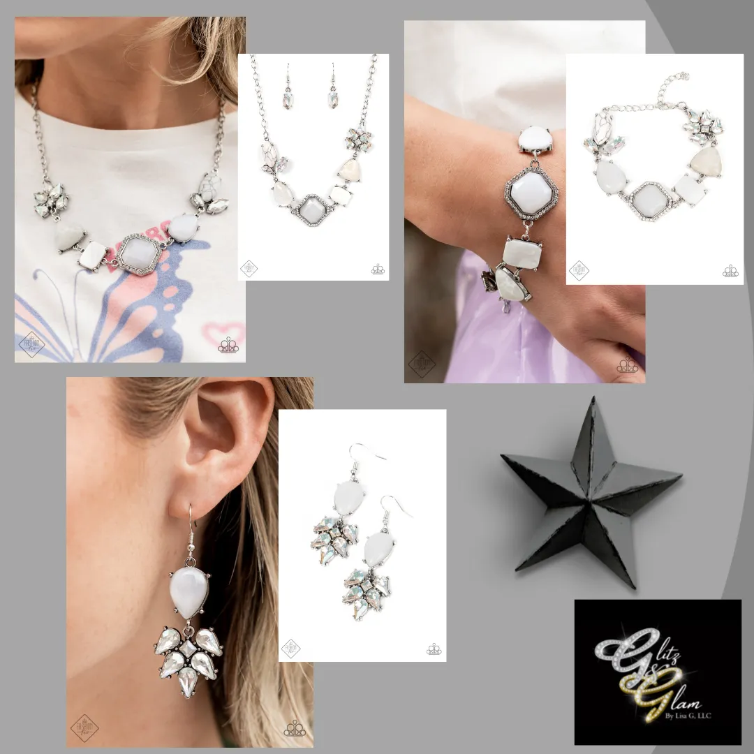 Paparazzi Eco Enchantment Necklace White, Ethereal Effervescence Earrings White & Ethereal Effervescence Bracelet White