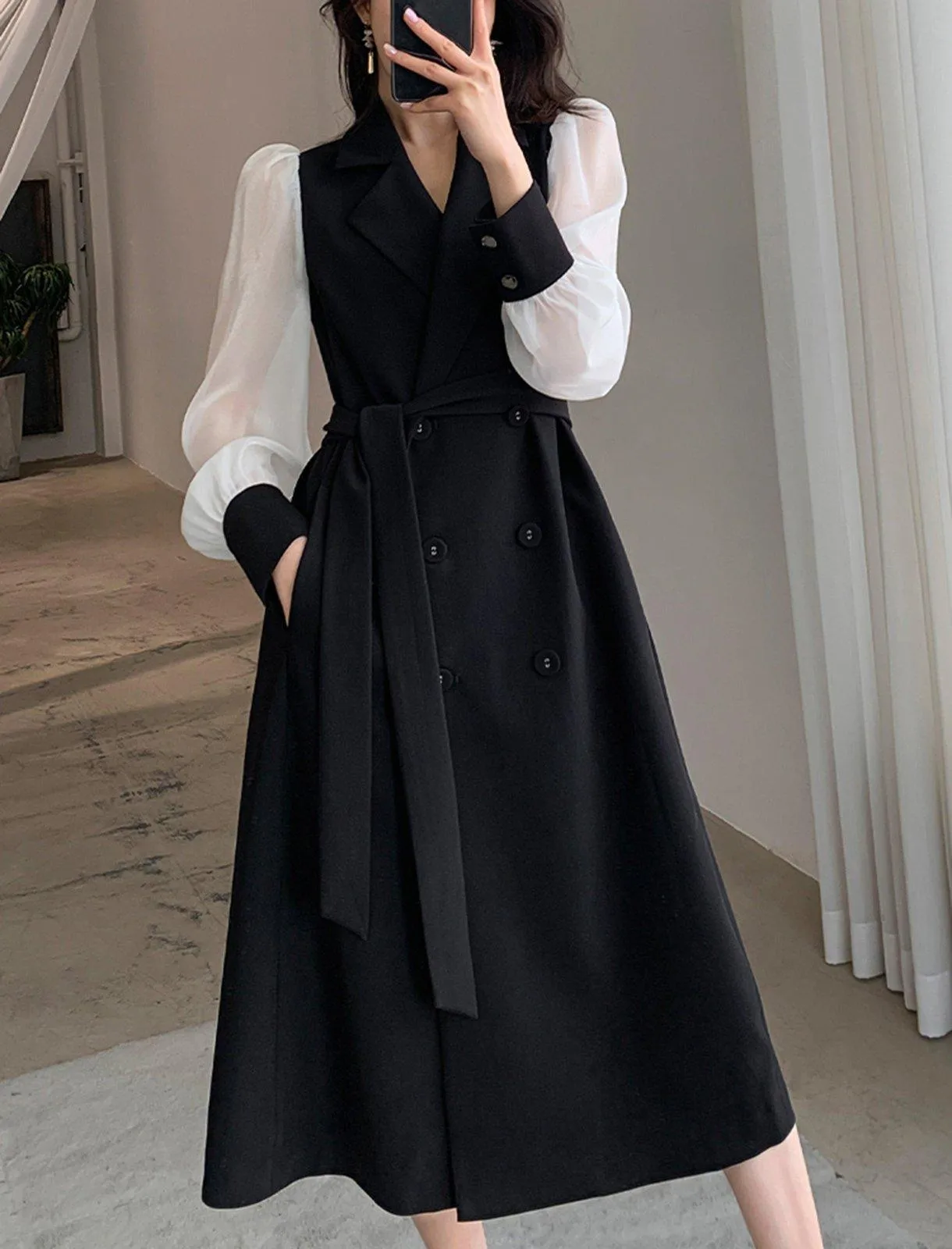 Patchwork Long Sleeve Belted Blazer Dress