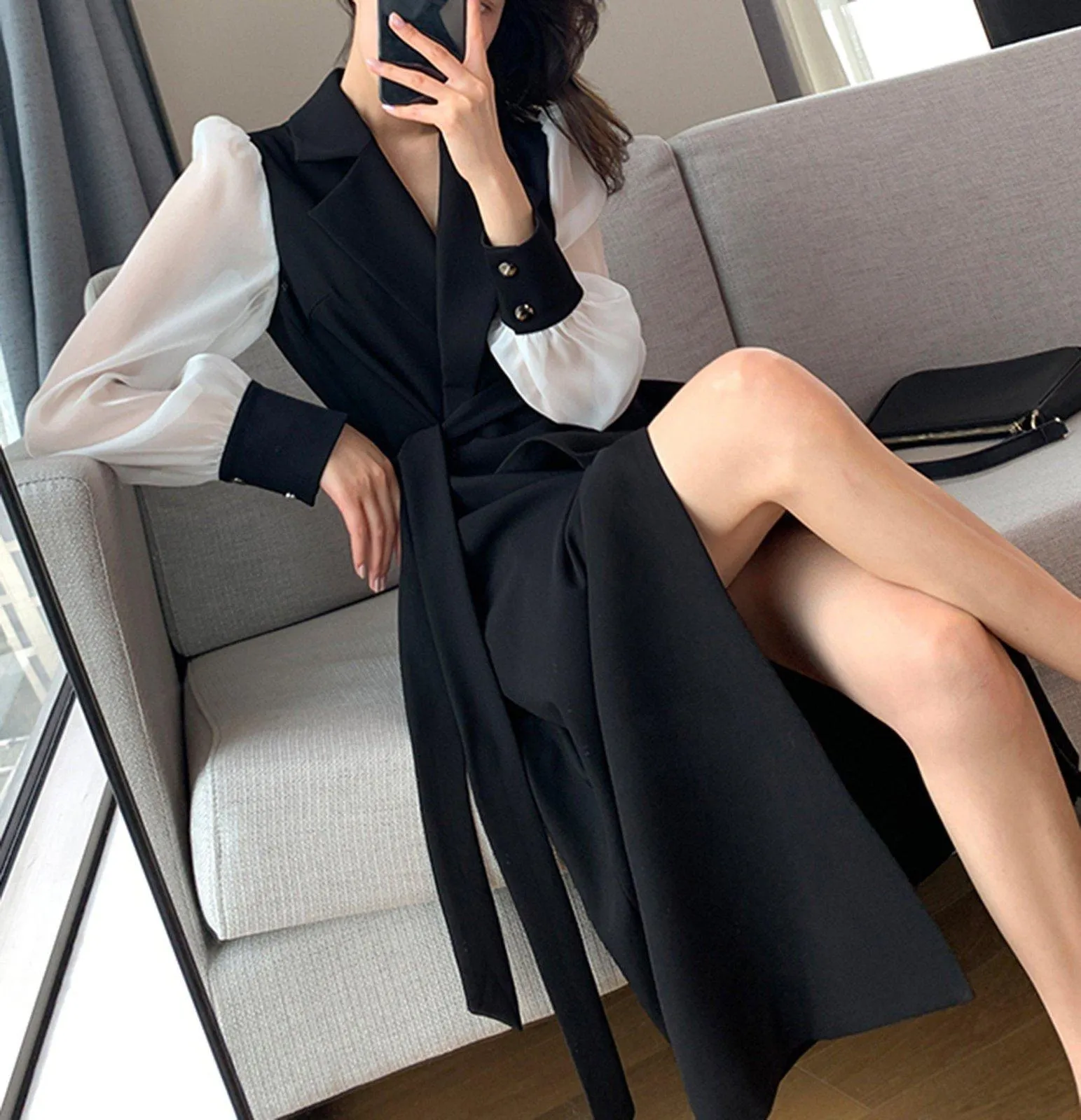 Patchwork Long Sleeve Belted Blazer Dress