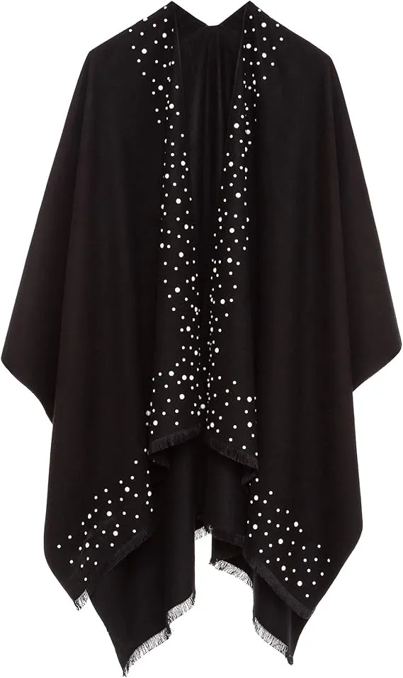 Pearl Black Luxurious Knit Sweater Poncho Cardigan