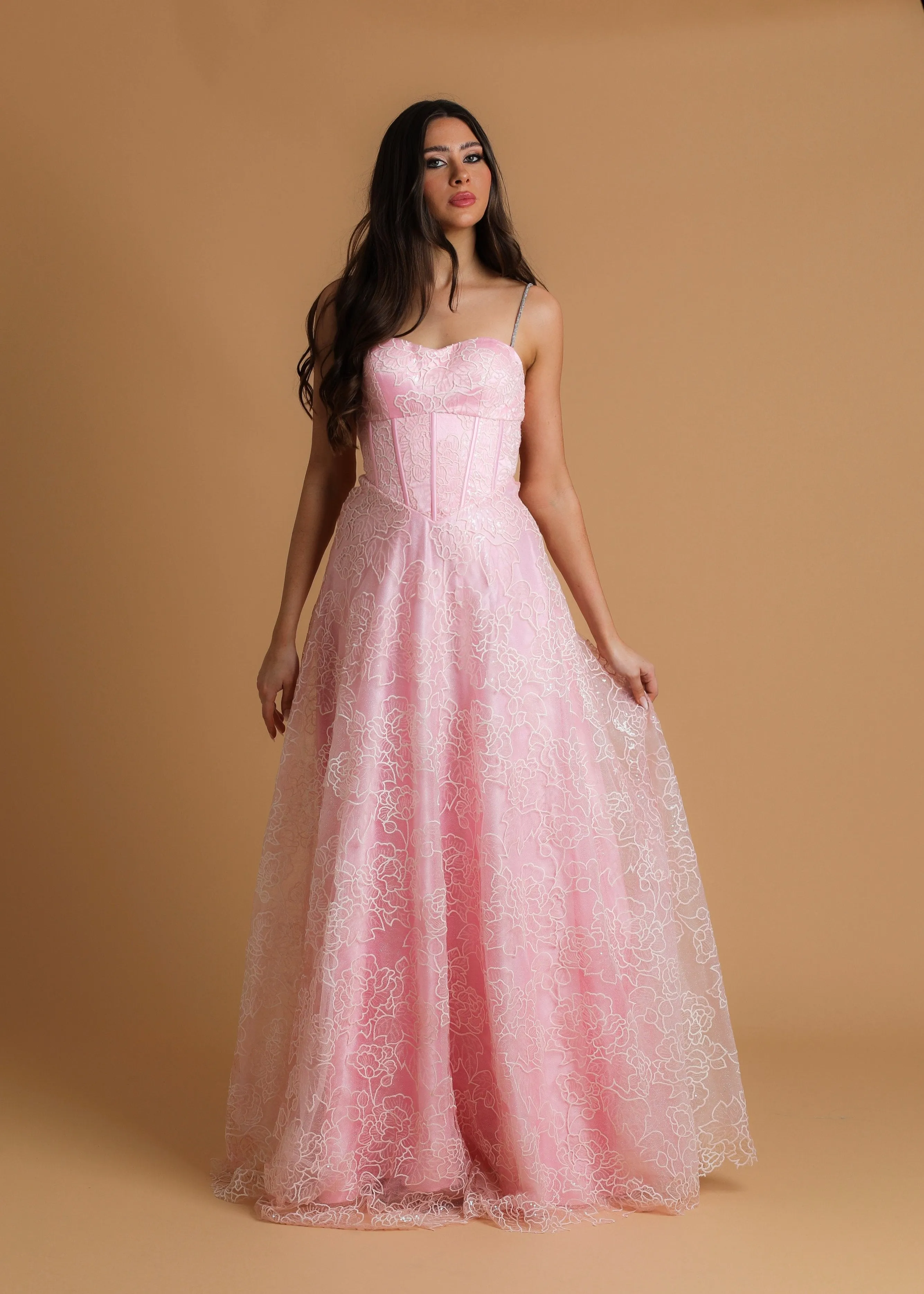 pink accent straight neck line with flowy skirt