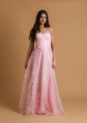 pink accent straight neck line with flowy skirt