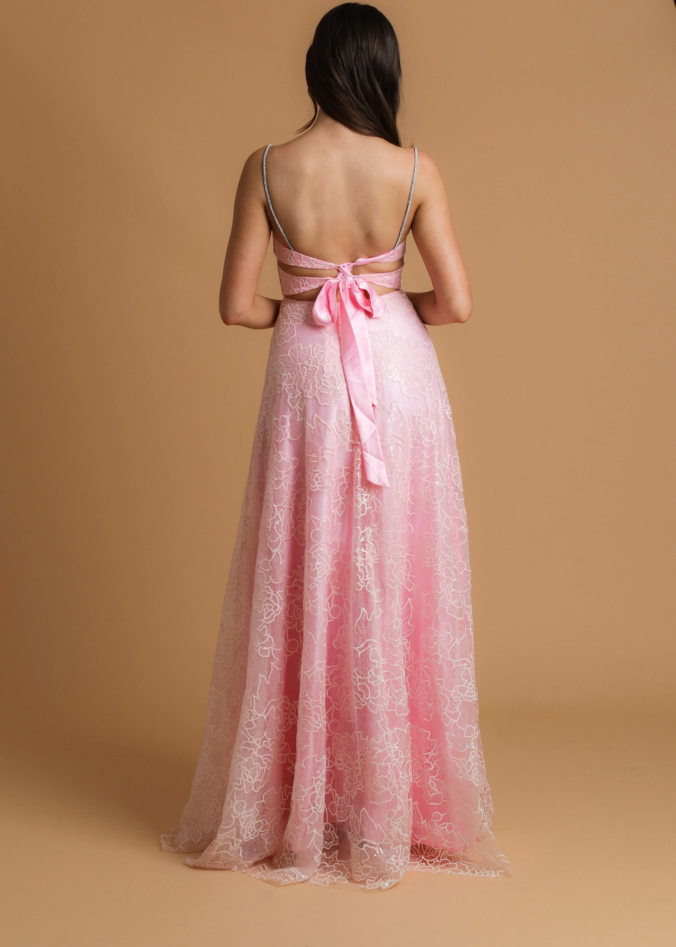 pink accent straight neck line with flowy skirt