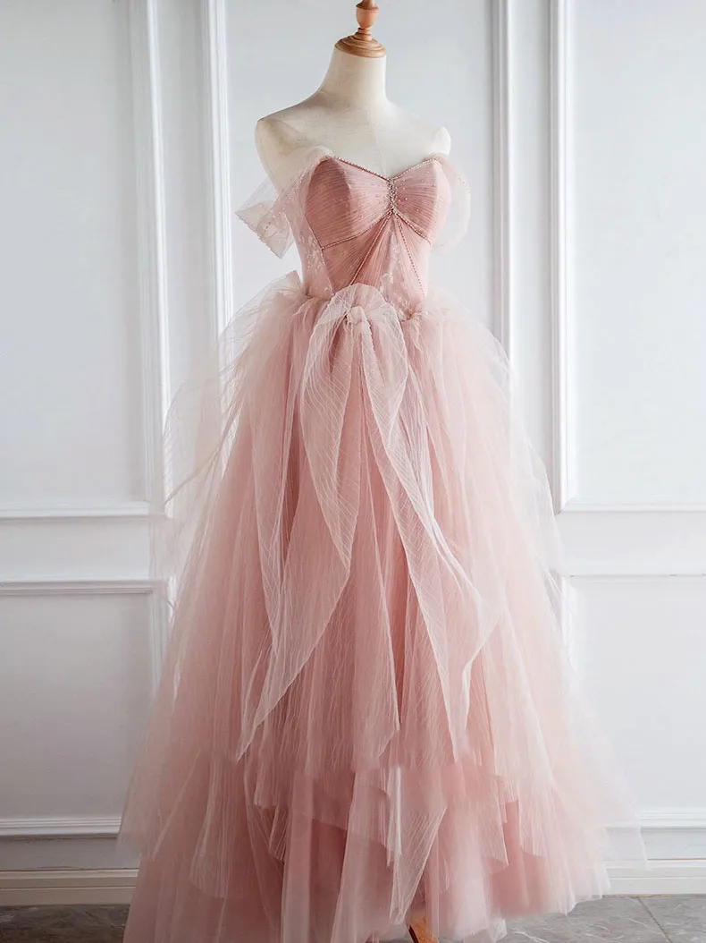 Pink Sweetheart Neck Tulle Long Prom Dress, Pink Sweet 16 Dress